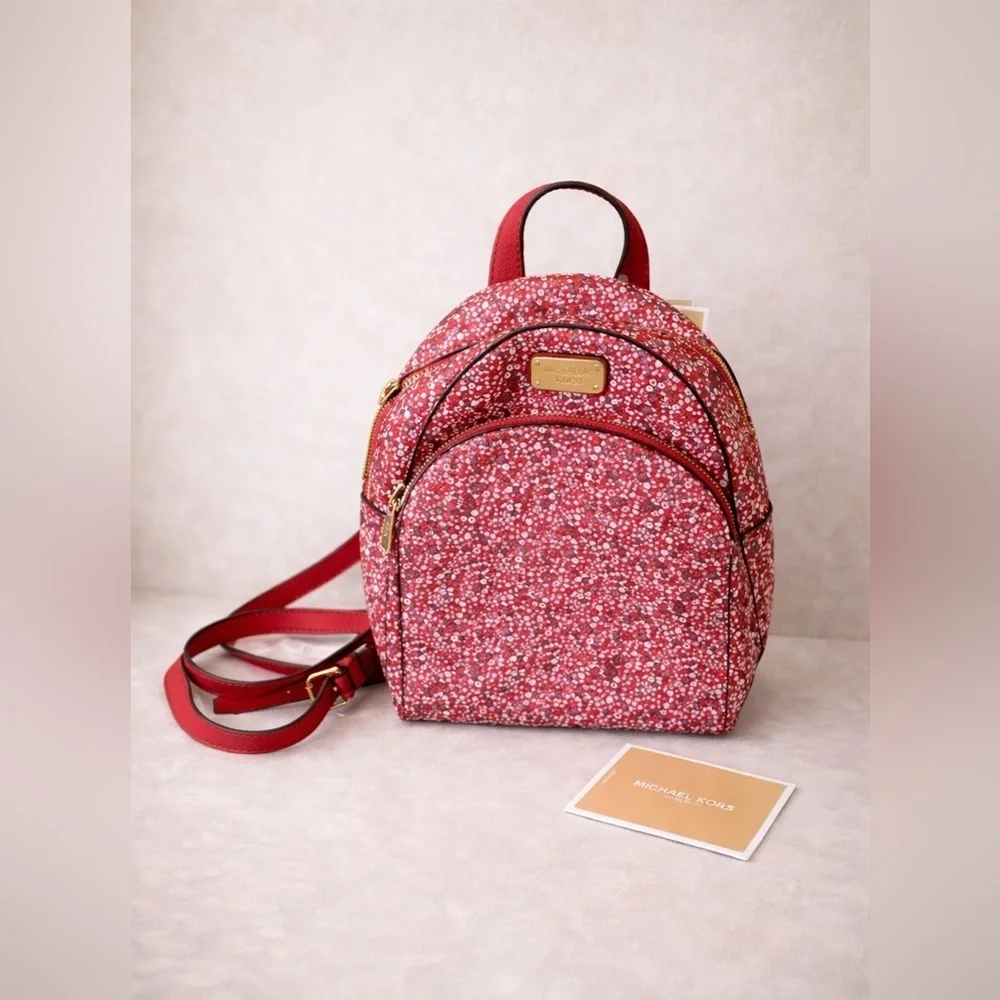 🌸NWT Authentic Michael Kors Abbey Mini Backpack - Red Floral with Gold Accents